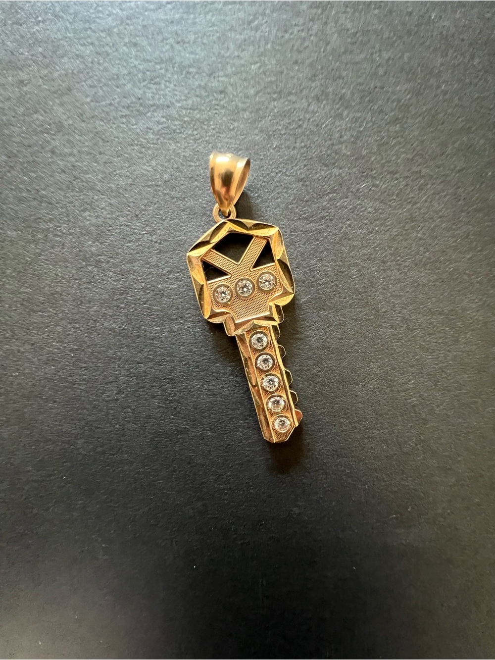 10K Gold Key Pendant Necklace with Clear Stones CZ - Women Jewelry